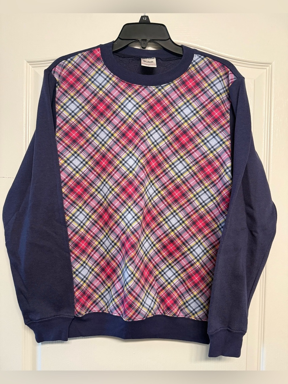 Blair Plaid Sweatshirt Small Navy Pink Tartan Crewneck Cotton Blend - Picture 2 of 7